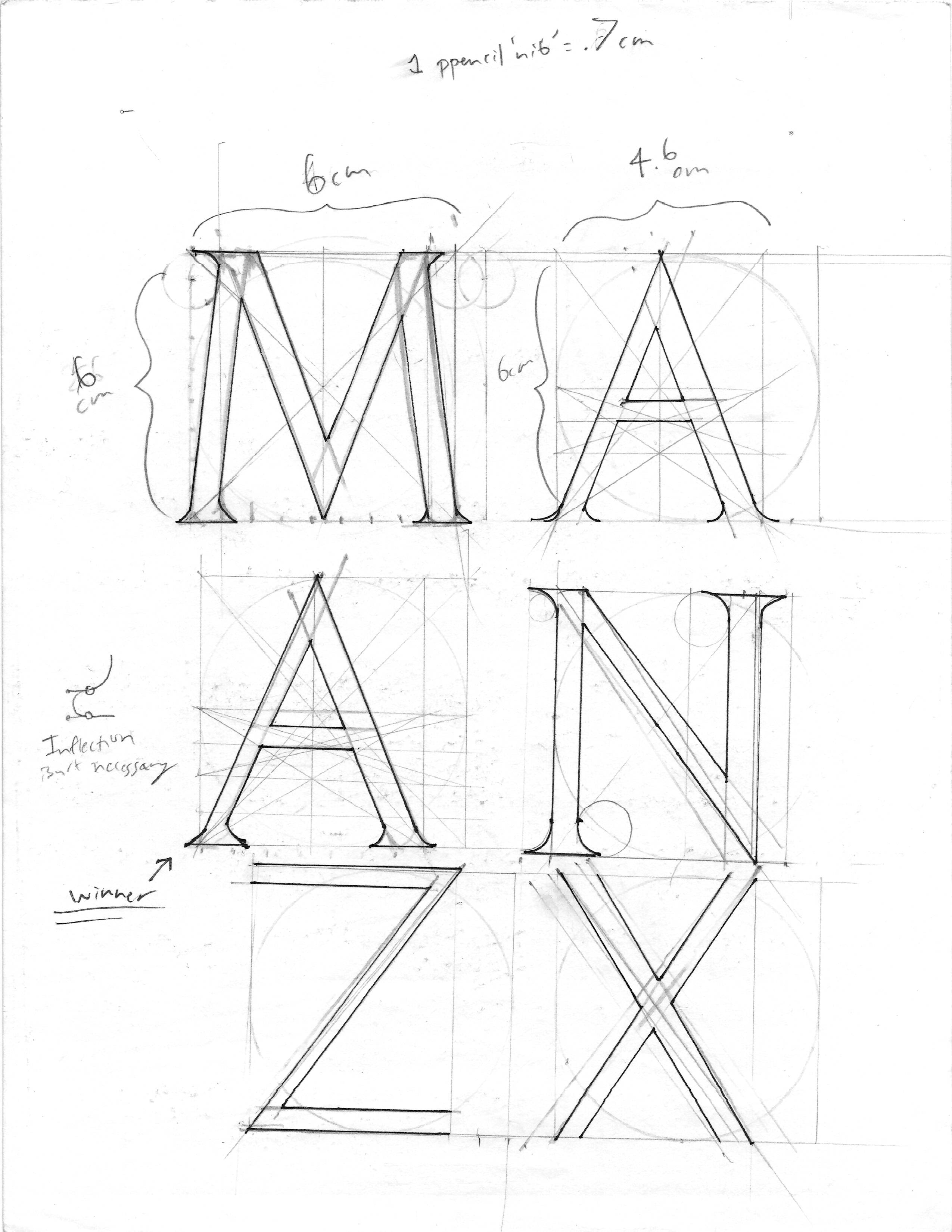 latin type sketch m,a,z,n,x